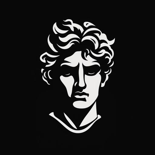 a teenage greek god face logo in black and white, black background, flat logo, vector logo, in the style of Chris Mitchell