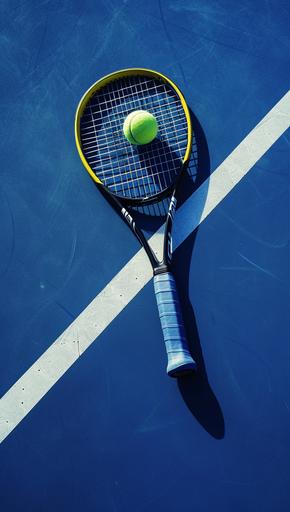 a tennis racket and ball resting on a blue court, in the style of light yellow and dark navy, mote kei, orderly arrangements, bold and dynamic lines, the snapshot aesthetic, associated press photo, performance --ar 35:62 --v 6.0