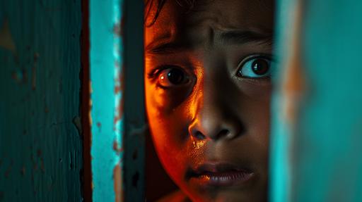 a terrified 12 year old mexican male standing peaking through a bedroom door a night, his face is full, \ he is terrified, the color palette is teal, brown, red, gold highlights, the lighting is dramatic, the photo is taken in the style of christopher nolan --ar 16:9