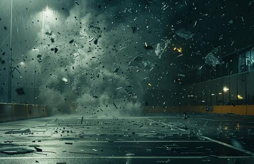 a terrifying scene of huge shards of glass and concrete debris raining down onto empty parking lot, wide shot, realistic cinematic, moody 6k --ar 17:11