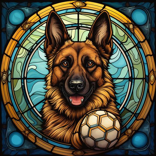 a texture map, an art painting of a soccer Ball. an art painting of a German Sheperd, in the style of mark henson, chris riddell, erik jones, illustration, commission for, vanitas, round sign, stained glass style