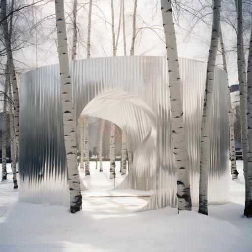 a thin foil metallic curtain spiral in a park full of snow, birch trees, shot by Rory Gardiner