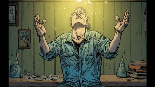 a thirsty middle aged rocker, hands make prayer sign, sweating, denim jacket, shack, one 40 watt bulb hanging from ceiling, bluish-green-yellowish glow, graphic comic book style, robert sammelin, --ar 16:9 --seed 4073141833 --v 5
