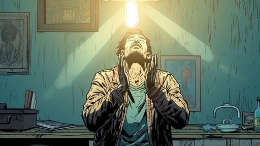 a thirsty middle aged rocker praying to the ceiling, hands make prayer sign, sweating, denim jacket, shack, one 40 watt bulb hanging from ceiling, bluish-green-yellowish glow, graphic comic book style, robert sammelin, --ar 16:9 --seed 4073141833 --v 5