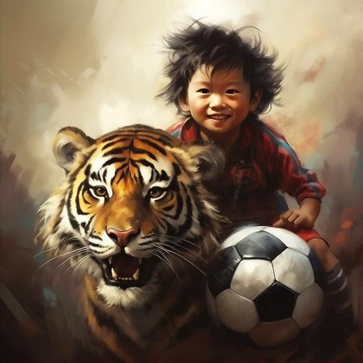 a tibetan boy bring a football and ride a tiger, kawaii