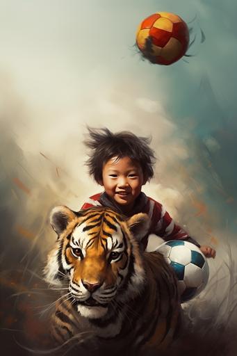 a tibetan boy bring a football and ride a tiger, kawaii