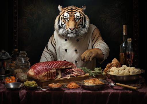 a tiger eating a charcuterie chef --ar 7:5