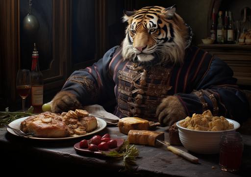 a tiger eating a charcuterie chef --ar 7:5