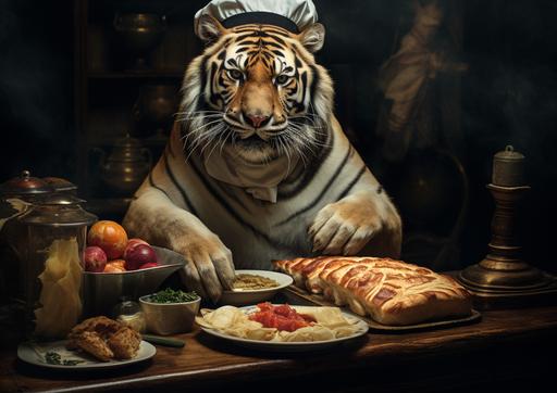 a tiger eating a charcuterie chef --ar 7:5