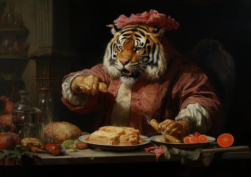 a tiger eating a charcuterie chef --ar 7:5