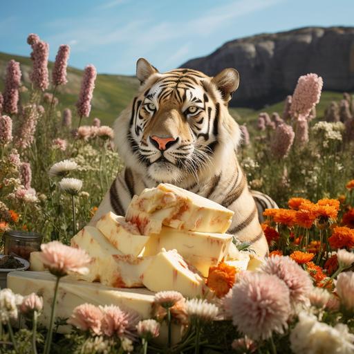 a tiger in flowers eating cheese with boulders behind real life ar-- 16:9