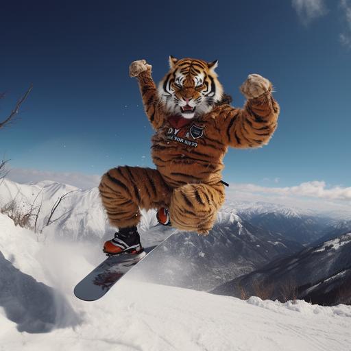 a tiger wearing a leopard print shirt, cameo pants, skiing down a mountain does 360 backflip corkscrew, lands it .