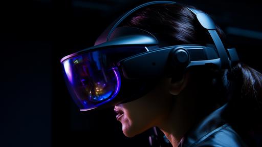 a tightly framed, close-up image capturing the moment a person puts on a virtual reality headset. The focus is on the inside of the headset, with tiny cameras and sensors visibly scanning the person's face. The scene is from a side view, showing the person's profile as they carefully position the headset. The interior lights of the headset cast a soft glow on the face, highlighting the details being scanned. The background is intentionally blurred to emphasize the intricate technology of the headset and the facial scanning process --ar 16:9 --v 5.2 --s 50