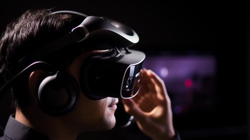 a tightly framed, close-up image capturing the moment a person puts on a virtual reality headset. The focus is on the inside of the headset, with tiny cameras and sensors visibly scanning the person's face. The scene is from a side view, showing the person's profile as they carefully position the headset. The interior lights of the headset cast a soft glow on the face, highlighting the details being scanned. The background is intentionally blurred to emphasize the intricate technology of the headset and the facial scanning process --ar 16:9 --v 5.2 --s 50