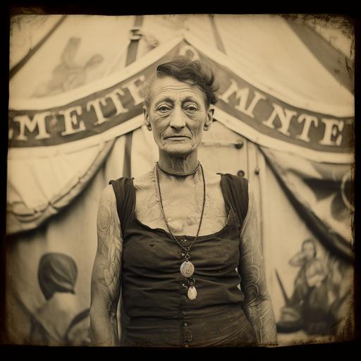 a tintype black and white photograph of a fully tattoed middle-aged woman in front of a circus tent with sinage that say tattoed woman