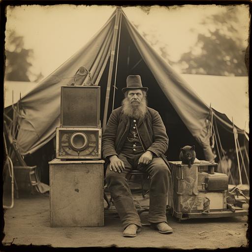 a tintype photograph of an organ grinder in front of a circus tent with a spider monkey with a pill box hat