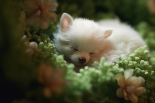 a tiny adorable albino Pomeranian Chihuahua mix puppy sleeping in a green carnation, tilt shift photography --ar 3:2 --v 5.1