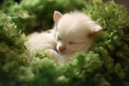 a tiny adorable albino Pomeranian Chihuahua mix puppy sleeping in a beautiful green carnation, tilt shift photography --ar 3:2 --v 5.1