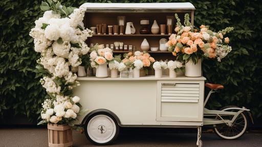 a tiny coffee cart fitting full of white and peach colored flowers --ar 16:9 --style raw