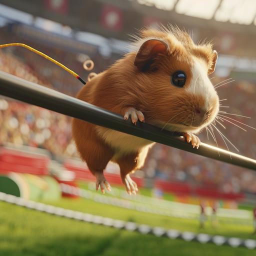 a tiny guinea pig in a very small stadium, going over the bar in the pole vault Olympic event with a bendy straw, ultra realistic 4k