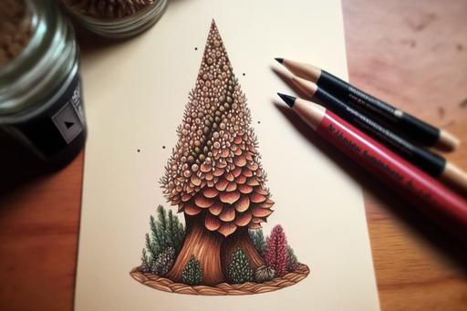 a tiny microbe climbing a coniferous cone of life seemingly unaware of the mysterious and complex future which is embedded within and so the journey begins , highly detailed marker and ink storytelling in a macro world , earthy tones metallic and geometric highlights --chaos 33 --ar 3:2 --v 4