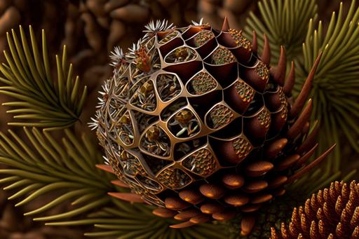 a tiny microbe climbing the coniferous cone of life unaware of the mysterious and complex future which is embedded within and so the journey begins, earthy tones metallic and geometric highlights --chaos 33 --ar 3:2 --v 4