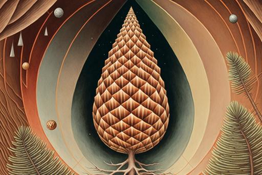 a tiny microbe climbing the coniferous cone of life unaware of the mysterious and complex future which is embedded within and so the journey begins, earthy tones metallic and geometric highlights --chaos 33 --ar 3:2 --v 4