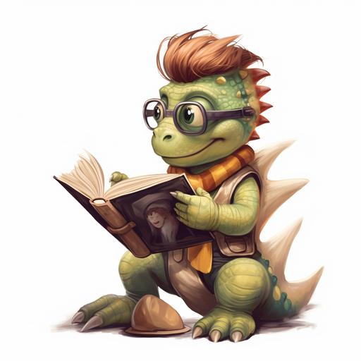 a toddler boy disguise in dinosaure reading a book - cartoon style --v 5.1
