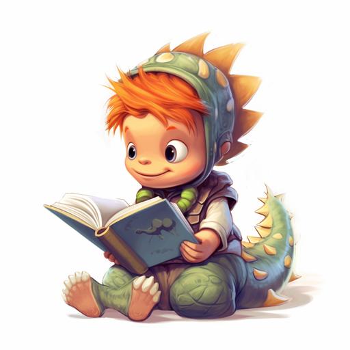 a toddler boy disguise in dinosaure reading a book - cartoon style --v 5.1