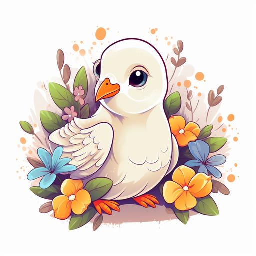 a toddler dove, flowers, cartoon, vector, whimsical, amusing, white background