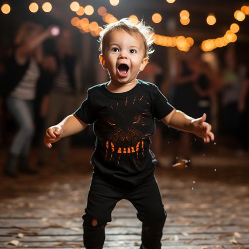 a toddler wearing a plain black tshirt dancing at a halloween party