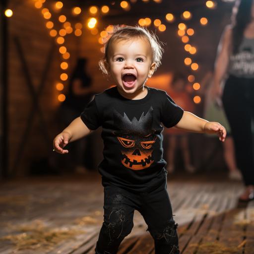 a toddler wearing a plain black tshirt dancing at a halloween party