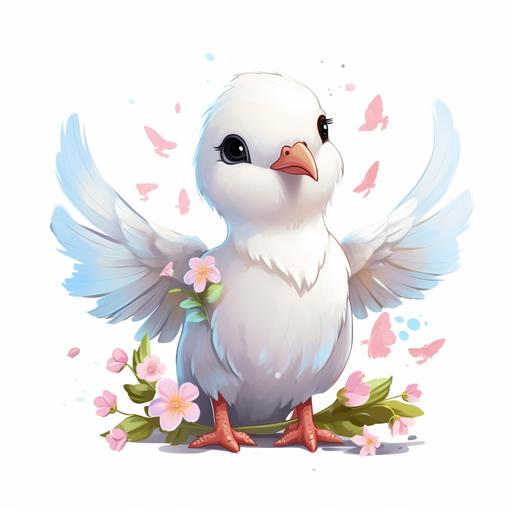 a toddler white dove, flowers, cartoon, vector, whimsical, amusing, white background