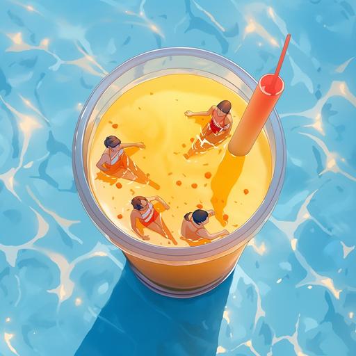 a top angle view yellow smoothie in a glass with three people swimming in it, minimalistic, hyper-realistic, by Alex Alemany --niji