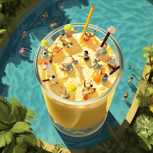 a top angle view yellow smoothie in a glass with people swimming in it
