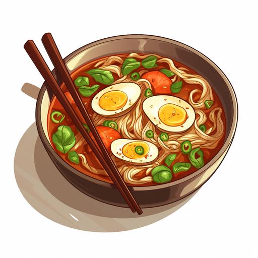 a top down view of a bowl of soup. Cartoon style noodle soup.