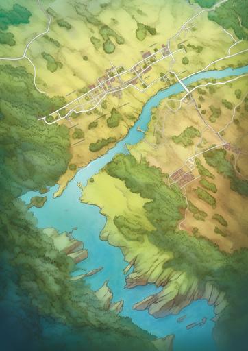 a top-down view of a detailed map illustration by Aaron J Riley and Bob Kehl and Stanley Artgerm Lau, of a clean map of the countryside, remove the buildings so that the map is a clean countryside seen top down as an overhead of a map that has no buildings::2.0 the same texture as a small coastal fantasy landscape with a bay to the left and a river that runs through the countryside and into the sea, color using the same palette --no characters --no monsters --no buildings --ar 10:14 --s 400  --v 5