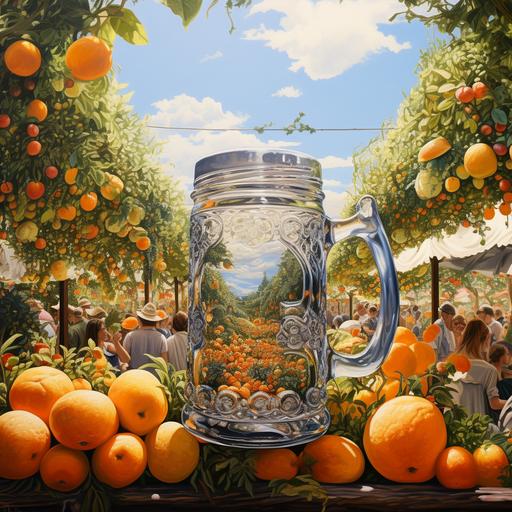 a top of the beer mug, inside of beer mug a tangerine orchard, realistic, realistic orchard inside, people working in orchard, close up, show top of the mug