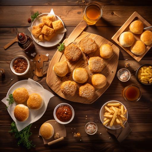 a top shot of wooden table with burger, dumplings, small squared chicken nuggets spread in a most inviting manner, the image should look very realistic, the food items should also have dumplings