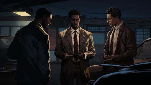 a tough african american guy meeting with two detectives in a dark parking lot under an old street light in the style of rough sketched art, pops of muted color, cinematic storyboard, comic book noir --ar 16:9