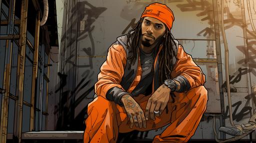 a tough african american guy with dreads in an orange prison jumpsuit and a stocking cap strapped to a wooden electric chair in front of a grafffiti tagged wall in the style of rough sketched art, pops of muted color, cinematic storyboard, comic book noir --ar 16:9