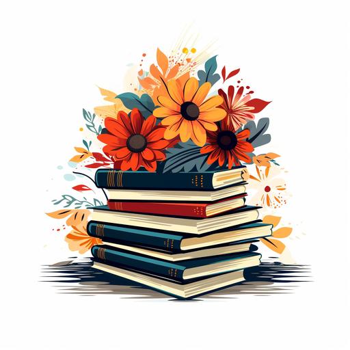 a tower of books, with a chrysanthemum, white background, flat style, picasso style