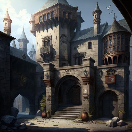 a town square, medieval, gothic architecture, massive tall stone tower, grey stone, parapets, tiled roof, arched windows, fortress, wooden gate doors, courtyard, balcony, castle,