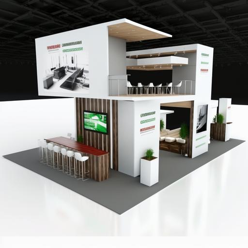 a tradeshow booth 6x9 meters with a double deck with a meeting room above and a hospitality zone below with a U Rectangular shape hanging sign. Include 4 totems with monitors and shelvings