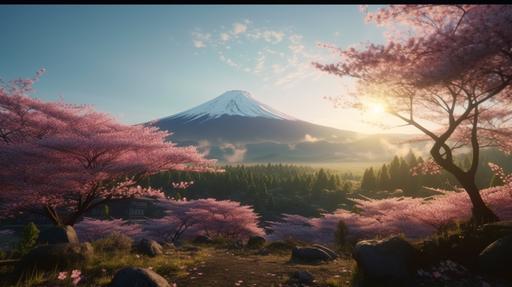 a traditional japanese scene in springtime in japan it is a clear morning with the sun rising in the distance mount fuji cherry blossoms vivid colors super realistic 8K --ar 16:9 --v 5.0 --s 250