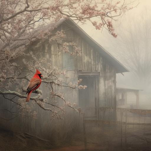 a transparent layer of a male cardinal over another transparent layer with magnolia branches over distant foggy layer depicting an old red barn