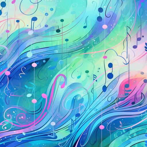 a traquil background of blues, greens and pink colors with musical note flowing in a pattern