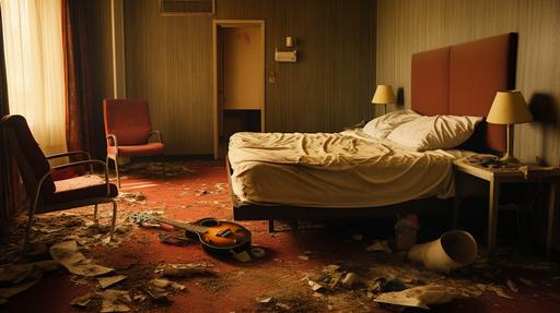 a trashed hotel room in cleveland ohio in 1973, photo realistic, cinematic, --ar 16:9