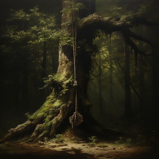 a tree in a forest, with a piece of thin rope tied to it at 1 meter hight which is ruffled at the end, fotorealistic
