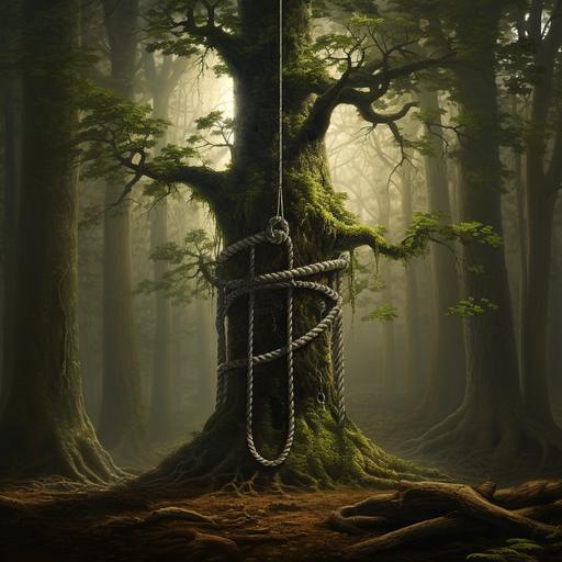 a tree in a forest, with a piece of thin rope tied to it at 50 centimeter hight which is ruffled at the end, the rope circels the tree three times fotorealistic
